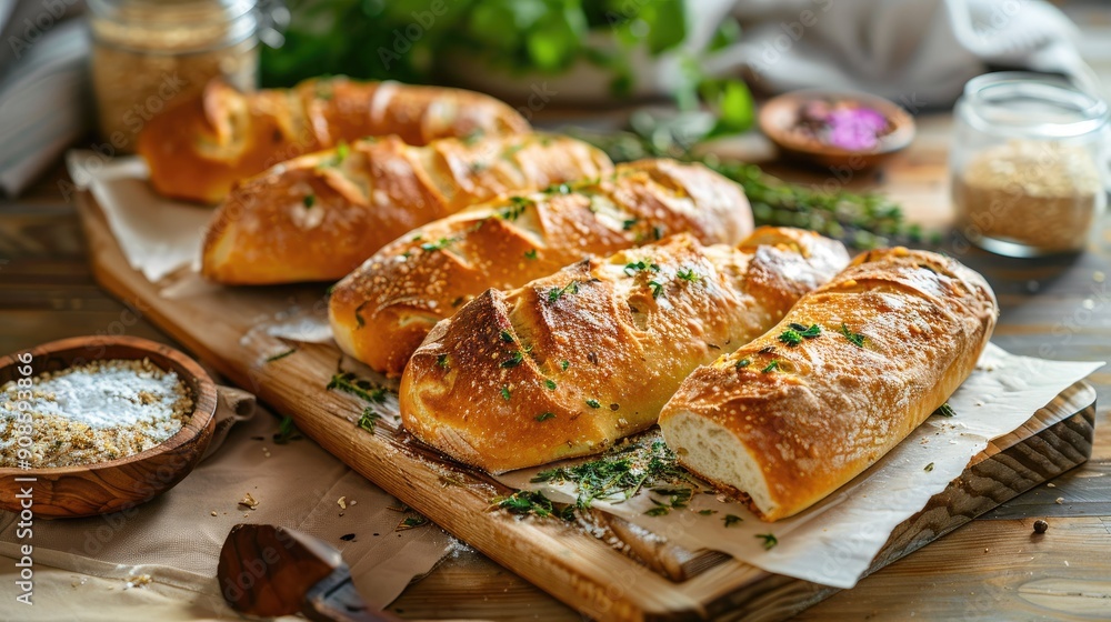 A delicious loaf of hot bread with fragrant herbs, beautifully presented on a wooden table, epitomizing the charm and freshness of classic pastries. A delicious loaf of hot bread with fragrant herbs, beautifully presented on a wooden table, epitomizing the charm and freshness of classic pastries.