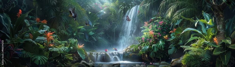 Lush tropical jungle with vibrant flowers, exotic birds, cascading waterfall, dense foliage, rich colors, Realism, Exotic, Photography