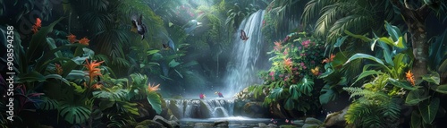 Obraz na płótnie Lush tropical jungle with vibrant flowers, exotic birds, cascading waterfall, dense foliage, rich colors, Realism, Exotic, Photography w salonie