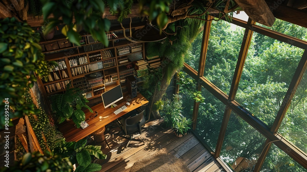 Treehouse workspace, lush foliage background, morning, bird s eye view, natural retreat Treehouse workspace, lush foliage background, morning, bird s eye view, natural retreat