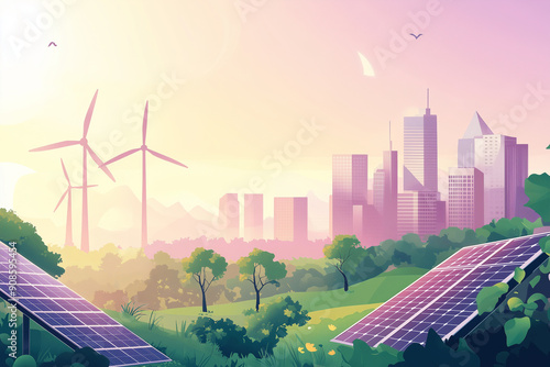 Develop a visually engaging green energy banner that includes a cityscape in the background with foreground wind turbines and solar panels, showcasing the essential role of renewab photo