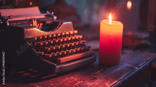 Writer s nook with vintage typewriter, candlelit, close view, moody creativity photo