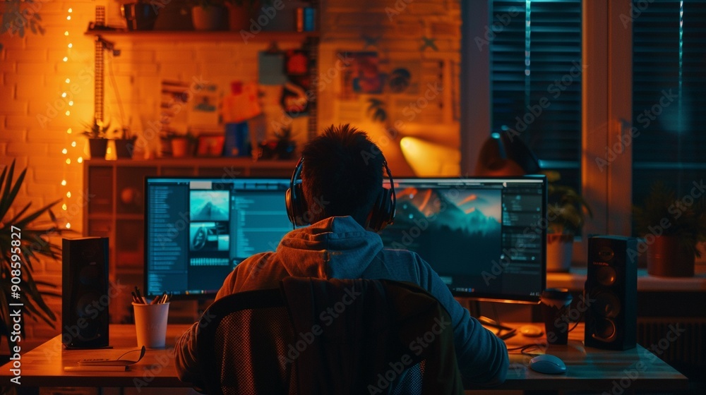 Ethical hacker workspace, dim light, over the shoulder shot, cinematic style Ethical hacker workspace, dim light, over the shoulder shot, cinematic style