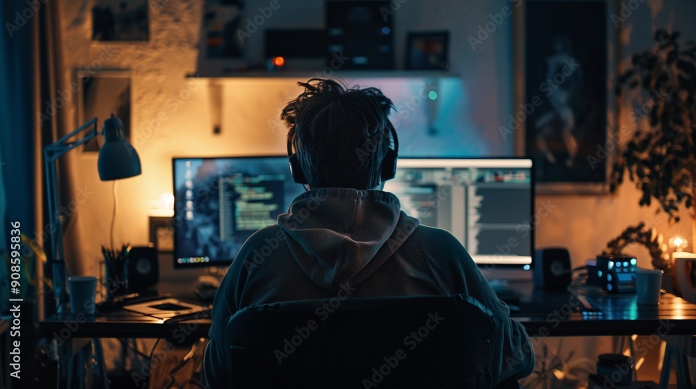 Ethical hacker workspace, dim light, over the shoulder shot, cinematic style Ethical hacker workspace, dim light, over the shoulder shot, cinematic style