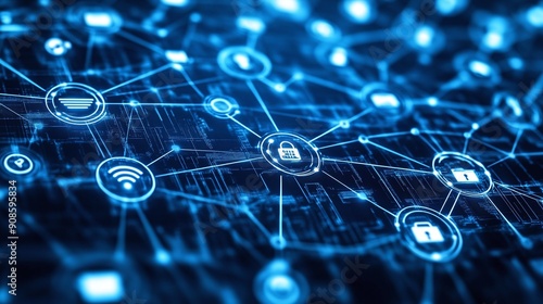 Innovative digital background featuring a networked array of smart devices connected via a seamless wireless network, emphasizing the integration and optimization of IoT technologies in daily life