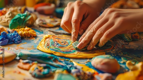 Close-Up of Hands Sculpting Colorful Clay Art in Creative Workshop