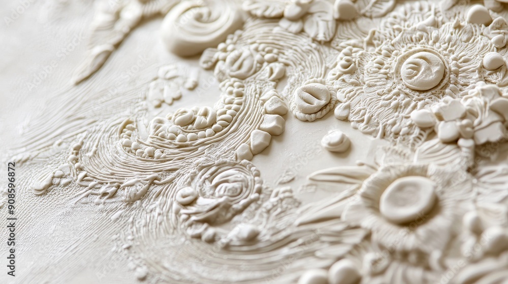 Intricate White Clay Relief Artwork with Floral and Abstract Patterns on Canvas Intricate White Clay Relief Artwork with Floral and Abstract Patterns on Canvas