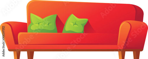 Red sofa cartoon icon. Couch with green cushions