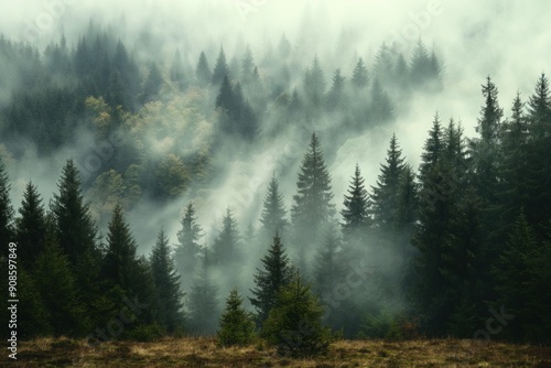 Fototapeta Naklejka Na Ścianę i Meble -  Misty fir forest landscape in vintage style with foggy hills. Green trees stand tall amidst the misty atmosphere. Morning light casts a warm glow on the scene.