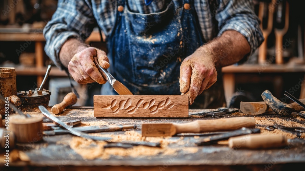 Skilled Woodworker Carving Intricate Patterns in a Workshop Skilled Woodworker Carving Intricate Patterns in a Workshop