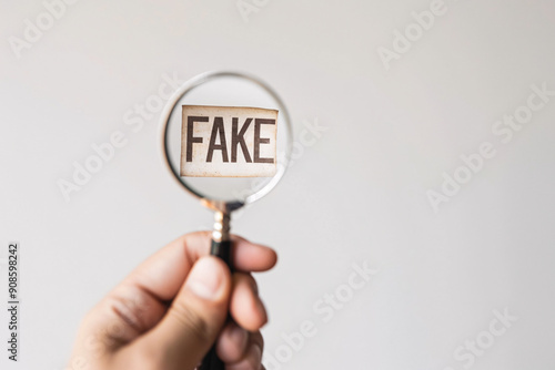 Hand holding a magnifying glass focusing on the word "FAKE", illustrating the concept of examining false information