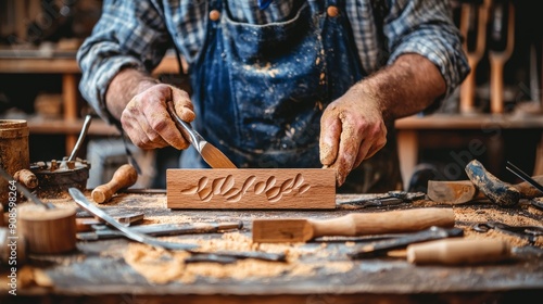 Skilled Woodworker Carving Intricate Patterns in a Workshop