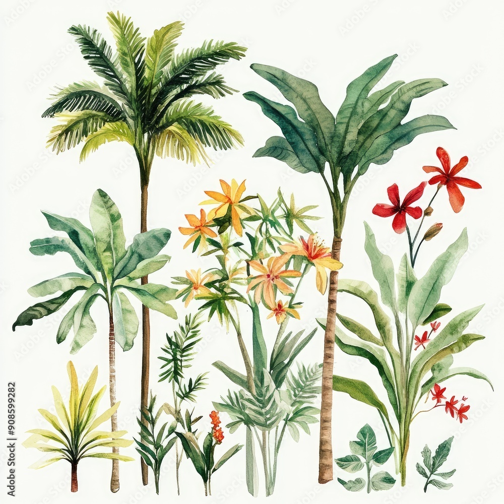 A vibrant collection of tropical plants and flowers, featuring lush foliage and colorful blooms, perfect for nature-inspired designs. A vibrant collection of tropical plants and flowers, featuring lush foliage and colorful blooms, perfect for nature-inspired designs.