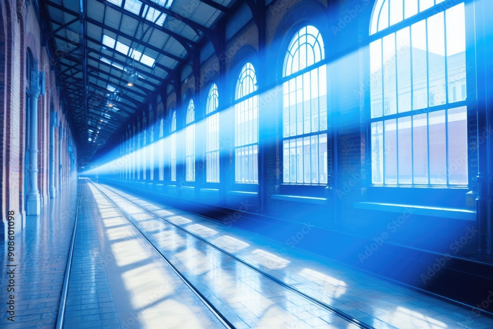 Blue speed light trials in transportation building hall way. Blue speed light trials in transportation building hall way.