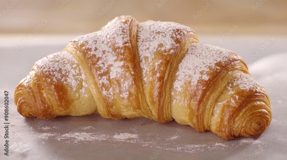 Close-Up of Freshly Baked Croissant with Powdered Sugar Topping Close-Up of Freshly Baked Croissant with Powdered Sugar Topping