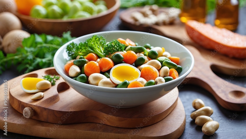 Homemade bowl with rice vegetables and eggs. Homemade bowl with rice vegetables and eggs.
