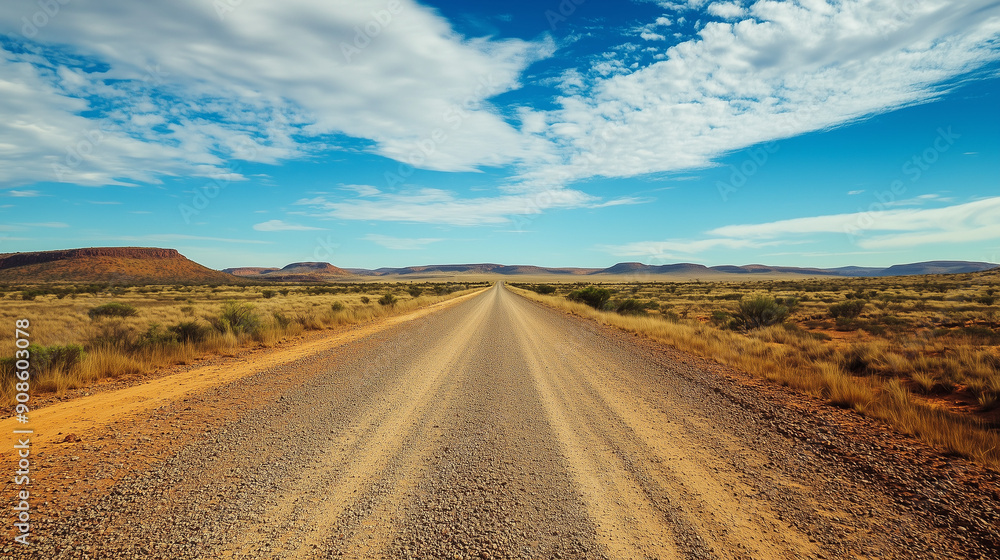 The gravel road stretches to the horizon, cutting through a vast, barren landscape. The soft blue sky above the road creates a peaceful contrast to the harshness of the surroundings. The gravel road stretches to the horizon, cutting through a vast, barren landscape. The soft blue sky above the road creates a peaceful contrast to the harshness of the surroundings.