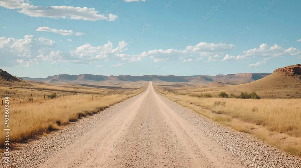 The gravel road stretches to the horizon, cutting through a vast, barren landscape. The soft blue sky above the road creates a peaceful contrast to the harshness of the surroundings. The gravel road stretches to the horizon, cutting through a vast, barren landscape. The soft blue sky above the road creates a peaceful contrast to the harshness of the surroundings.