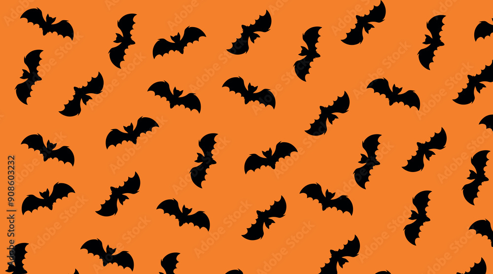 Vector seamless pattern with black bats on orange background. Scary Trick or Treat texture background repeatable wallpaper. Halloween party wallpaper pattern, fabric or textile autumn season Vector seamless pattern with black bats on orange background. Scary Trick or Treat texture background repeatable wallpaper. Halloween party wallpaper pattern, fabric or textile autumn season