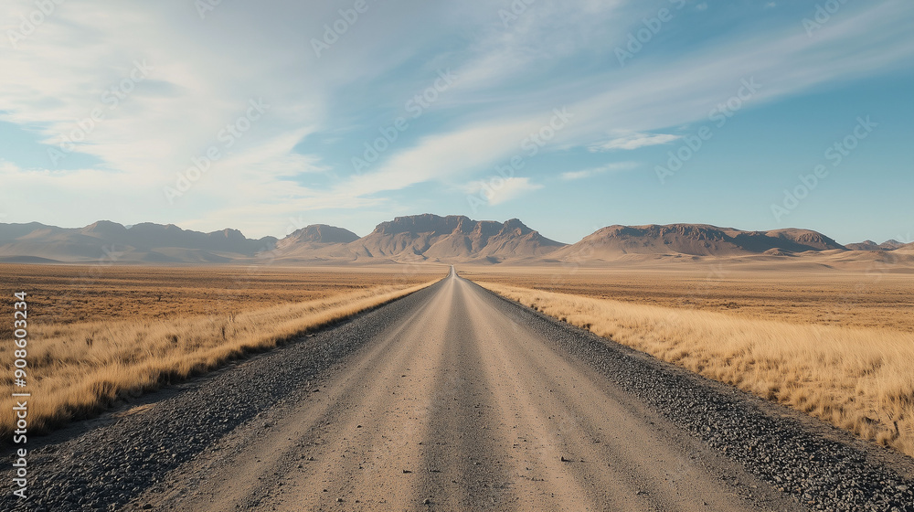 The gravel road stretches to the horizon, cutting through a vast, barren landscape. The soft blue sky above the road creates a peaceful contrast to the harshness of the surroundings. The gravel road stretches to the horizon, cutting through a vast, barren landscape. The soft blue sky above the road creates a peaceful contrast to the harshness of the surroundings.