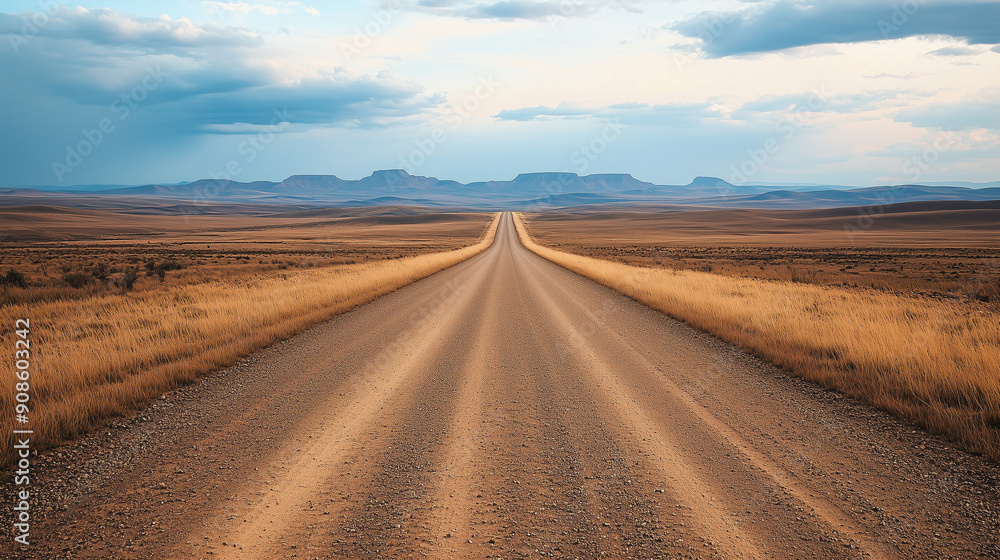 The gravel road stretches to the horizon, cutting through a vast, barren landscape. The soft blue sky above the road creates a peaceful contrast to the harshness of the surroundings. The gravel road stretches to the horizon, cutting through a vast, barren landscape. The soft blue sky above the road creates a peaceful contrast to the harshness of the surroundings.