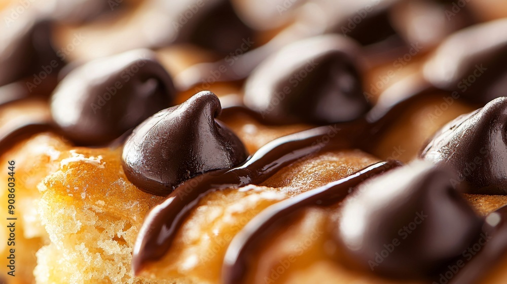 Close-Up of Chocolate Drizzled Pastries with Chocolate Chips Close-Up of Chocolate Drizzled Pastries with Chocolate Chips