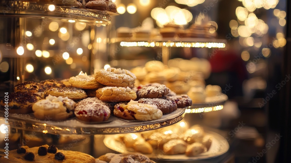 Assorted Pastries on Display in a Cozy Bakery with Warm Lighting Assorted Pastries on Display in a Cozy Bakery with Warm Lighting
