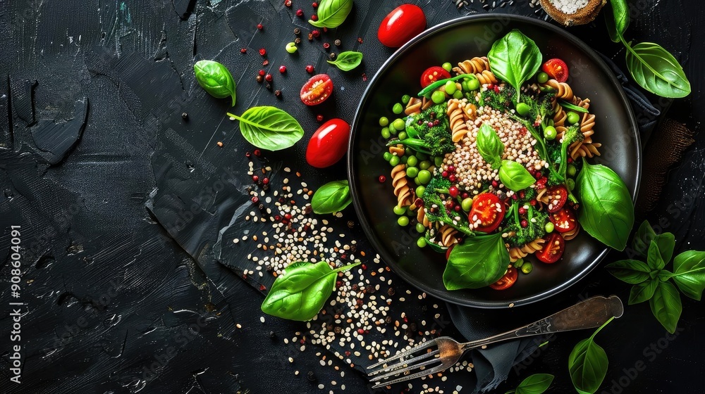 Colorful pasta dish with fresh vegetables and basil on a dark background, perfect for healthy meal inspiration. Colorful pasta dish with fresh vegetables and basil on a dark background, perfect for healthy meal inspiration.