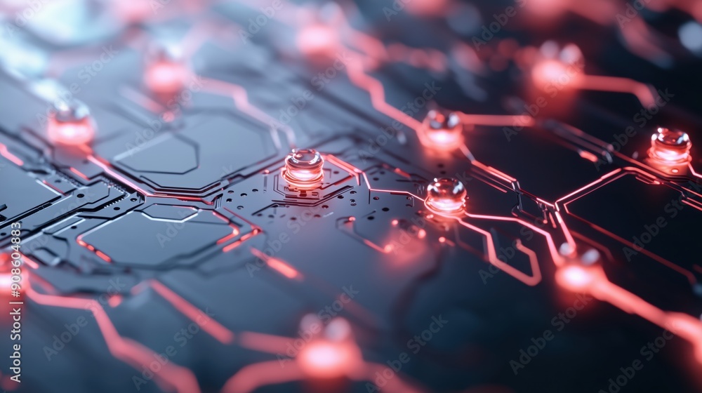 Close-up of a high-tech circuit board with glowing red elements, showcasing modern technology and electronic design. Close-up of a high-tech circuit board with glowing red elements, showcasing modern technology and electronic design.