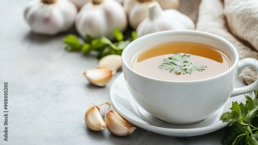 Delicious garlic soup in a white bowl with fresh herbs and garlic cloves in the background, perfect for warming meals. Delicious garlic soup in a white bowl with fresh herbs and garlic cloves in the background, perfect for warming meals.