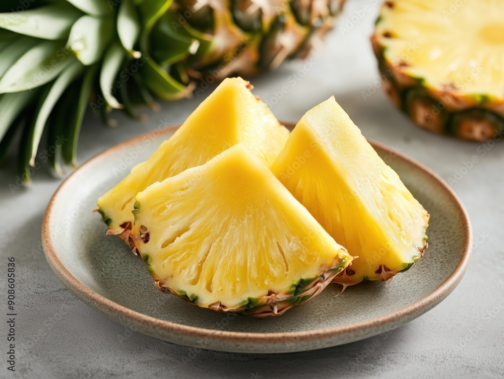Freshly sliced pineapple pieces served on a plate, showcasing juicy, yellow flesh and vibrant green leaves, perfect for summer dishes. Freshly sliced pineapple pieces served on a plate, showcasing juicy, yellow flesh and vibrant green leaves, perfect for summer dishes.