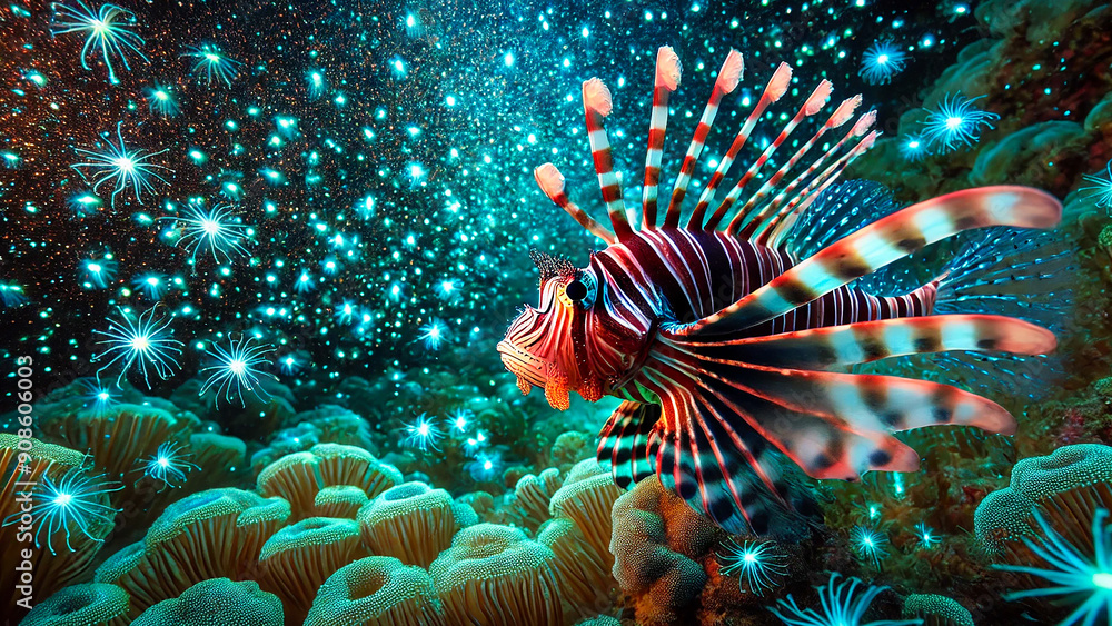 Lionfish with a background of bioluminescent organisms, creating Lionfish with a background of bioluminescent organisms, creating