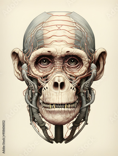 Chimpanzee head skeleton lowbrow surrealist illustratration photo