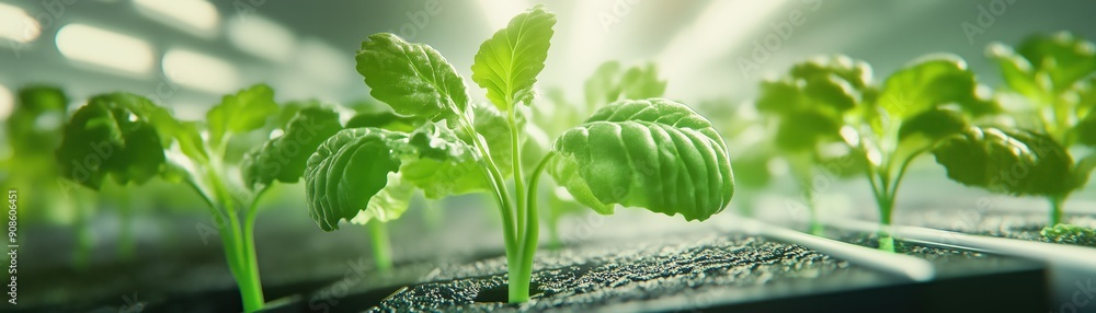 Vibrant green seedlings growing in rich soil under bright light, symbolizing growth and nurturing in a greenhouse environment. Vibrant green seedlings growing in rich soil under bright light, symbolizing growth and nurturing in a greenhouse environment.