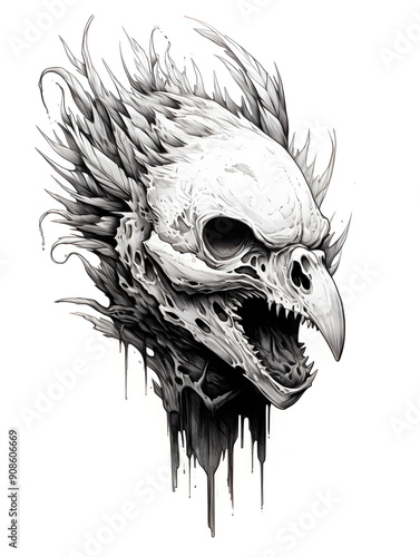 Cockatrice head skeleton lowbrow surrealist illustratration