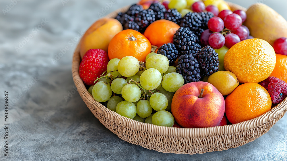 A telephoto angle photo of a wickerwork fruit bowl overflowing with vibrant seasonal fruits, highlighting the fine weaving and texture of the wicker, with copy space A telephoto angle photo of a wickerwork fruit bowl overflowing with vibrant seasonal fruits, highlighting the fine weaving and texture of the wicker, with copy space