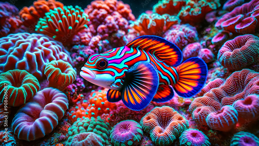 Obraz premium mandarinfish swimming among vibrant corals