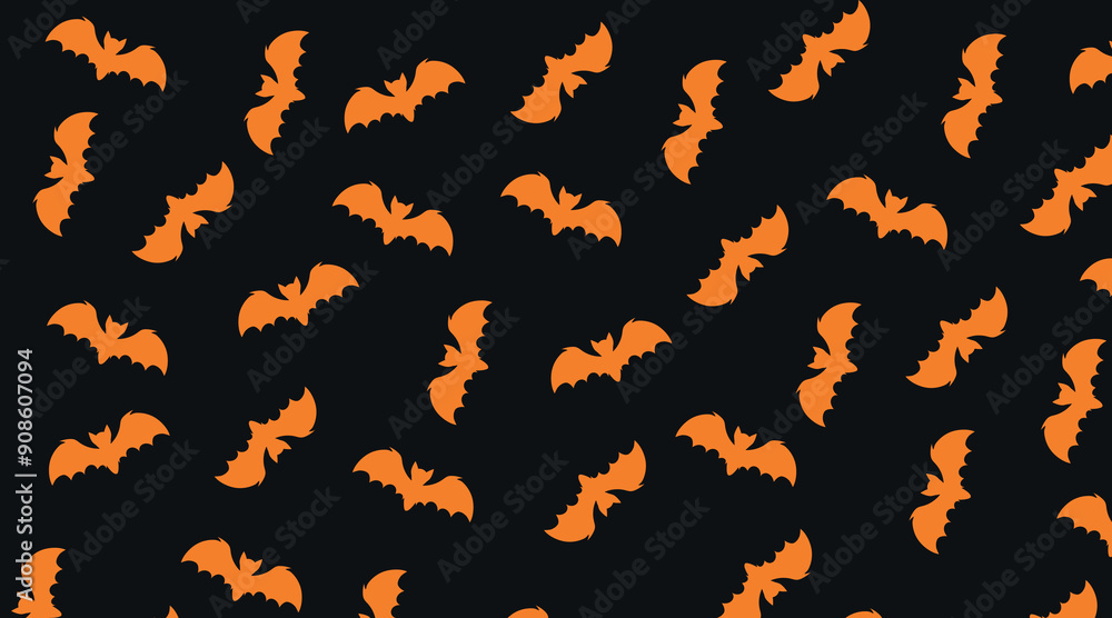 Vector seamless pattern with orange bats on black background. Scary Trick or Treat texture background repeatable wallpaper. Halloween party wallpaper pattern, fabric or textile autumn season Vector seamless pattern with orange bats on black background. Scary Trick or Treat texture background repeatable wallpaper. Halloween party wallpaper pattern, fabric or textile autumn season
