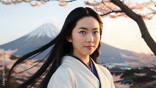 A 25-year-old Japanese woman in a white kimono touches her face on Mount Fuji and a cherry tree. photo