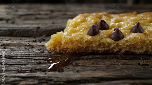 Close-Up of Gooey Chocolate Chip Cookie with Molten Caramel on Rustic Wooden Table photo