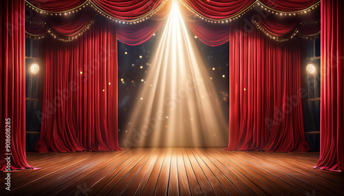  Magic theater stage red curtains Show Spotlight- A theater stage with red curtains and a sp_1(351)