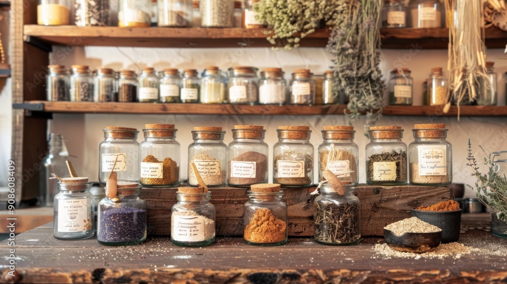 An apothecary-style setup with jars of medicinal herbal powders like turmeric, ashwagandha, and spirulina, each with a small wooden scoop. An apothecary-style setup with jars of medicinal herbal powders like turmeric, ashwagandha, and spirulina, each with a small wooden scoop.
