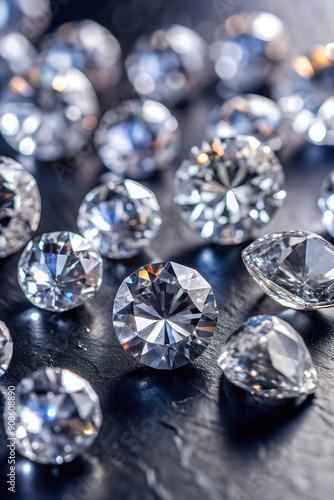 Beautiful shiny diamonds on dark gray table, closeup