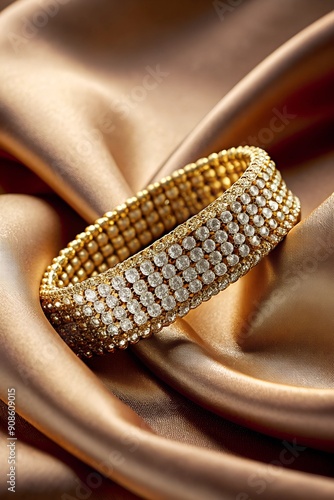 Luxurious gold bracelet with diamond accents presented on satin fabric photo