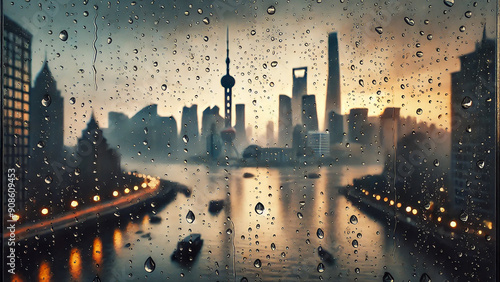 raindrops on a window, with a blurred city skyline in the background. photo