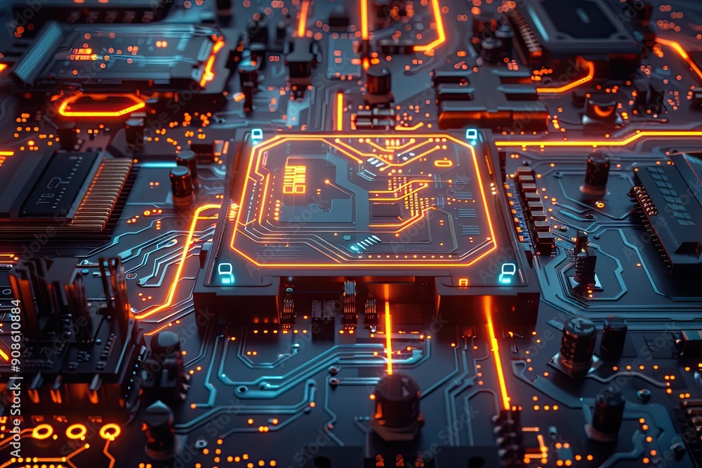 Fototapeta premium A computer chip is lit up in orange and blue. The chip is surrounded by other electronic components