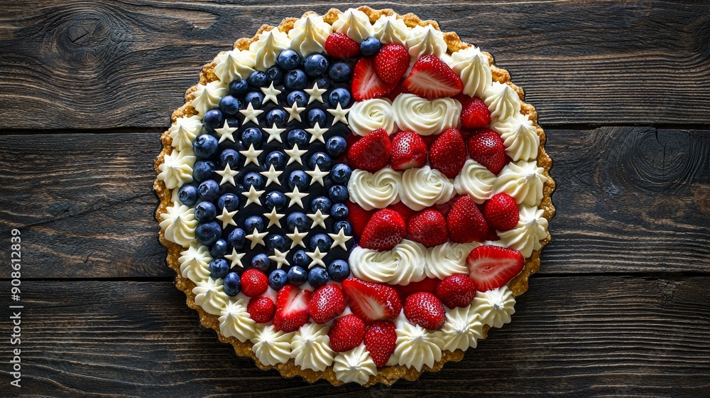 Patriotic American Flag Pie with Berries and Cream on Rustic Wooden Table Patriotic American Flag Pie with Berries and Cream on Rustic Wooden Table