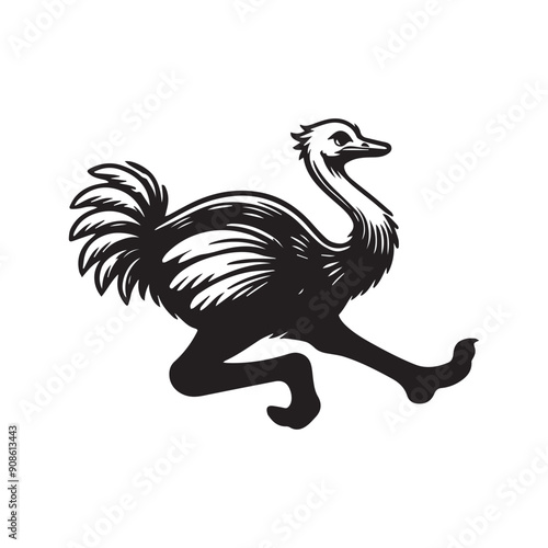 Ostrich Clipart, Struthio Bird Outline Design,  Common ostrich silhouette, Flightless bird illustration in black and white