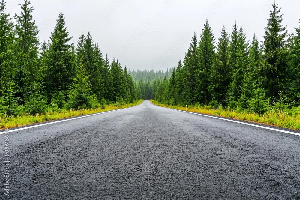 A serene, empty road stretches through lush green forest under a cloudy sky, inviting a sense of tranquility and adventure. A serene, empty road stretches through lush green forest under a cloudy sky, inviting a sense of tranquility and adventure.