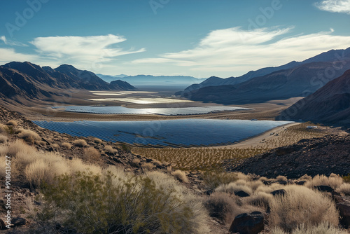 Captured from a high vantage point, the solar panel farm sprawls across the arid desert, a testament to modern engineering and sustainable innovation, as it generates clean, renewa photo